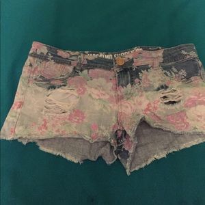 Distressed, floral denim shorts